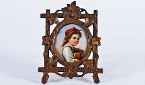 Very Fine KPM Style Miniature Portrait Painting On Porcelain Of A Young Girl Carrying School Books