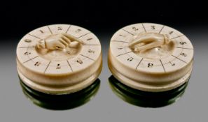 Matched Pair of Fine French Ivory Bezique Markers with revolving hand device and shaped, moulded