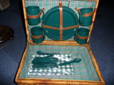 Wicker Basket Picnic Set, with four mugs and plates knives, forks and spoons, with tartin lined