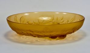 1930s French Signed Amber Glass Shallow Bowl, decorated in relief to the underside with moulded