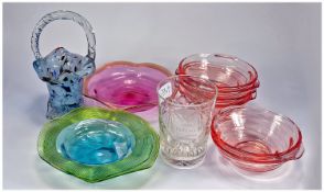 Collection of Glass, comprising Murano style glass basket, six ruby coloured dishes, three further