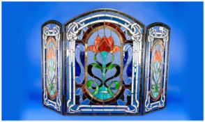 Tiffany Style Fire Screen, 3 fold with leaded multi coloured glass to frame. 20 inches high, 40