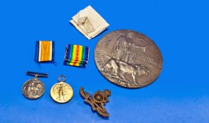 WW1 Death Plaque And Medals,  British War And Victory Medal Posthumously Awarded To 114369 Gunner F