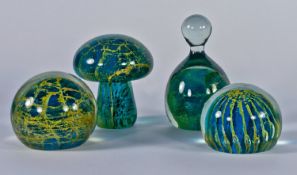 Mdina - Quality Glass Paperweights, 4 in total. 1). Mushroom paperweight, signed Mdina. 3 inches