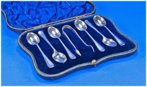 Edwardian Boxed Set Of Six Silver Tea Spoons & Matching Silver Sugar Nips, Hallmark London 1901,