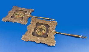 Pair Of Regency Papier Mache Face Screens, The Shaped Screens With Embossed Broad Border, With