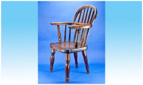 Small Windsor Child`s Chair, with hooped back rail, rodded back supports, solid elm seat and raised