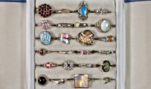 Box Containing A Collection Of 24 Silver Dress Rings, Set With Various Coloured Stones, Rose