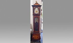 A Fine Quality Dutch Style Bombe Base Grand Father Clock, Profusely Inlaid to the Canopy Top and