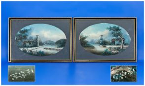 A Pair Of Chinese Oil Paintings On Canvas, Framed. Depicting Chinese rural life with figures in