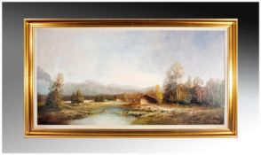 Austrian Artist Karl Schmidbauer (1921-1998) Large Oil on Canvas. Alpine Scene. 19.5x38.5 inches.