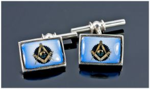 Gents Silver Cufflinks, With Rectangular Enamelled Fronts Showing Masonic Emblems. Complete With