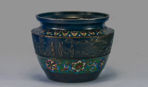 Chinese Bronze and Enamel Pot with scenes of Chinese gardens with figures. Ringed with Cloisonne