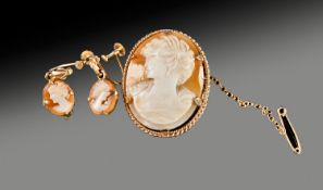 9ct Gold Mounted Cameo Brooch And Earrings.