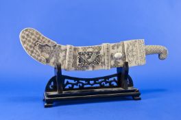 An Unusual 20th Century Chinese Bone Carved Blade Dagger in Sheath, Intricately. Engraved and