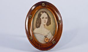 Early 20th Century Fine Portrait Miniature Of A Young Lady In 19th Century Dress, brown hair with