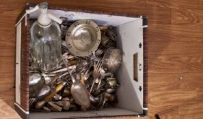Box of Assorted EPNS Flatware, cigarette cases, etc, Including Soda Syphon ( In excess of 100