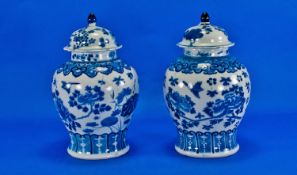 A Pair Of Chinese Blue And White Lidded Vases Of Baluster Shape. Decorated in underglaze blue with
