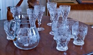 Collection of Six Tall Stem Glasses, together with a set of five matching tumblers and a jug, wine