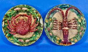 2 Portuguese Pallasy Style Pottery Wall Plaques Brightly Coloured And Encrusted With Sea Grams