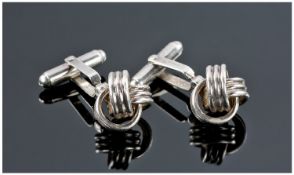 Gents Pair Of Silver Cufflinks, The Fronts Modelled As Three Entwined Triple Rings, Complete In Box