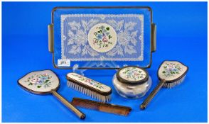 Art Deco Six Piece Dressing Table Set, comprising two brushes, comb, powder pot, mirror and a tray,