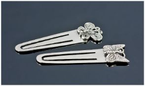 Two Silver Bookmarks With Butterfly Finials, Marked 925
