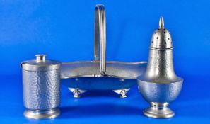 Three Pieces of Planished Pewter comprising Civic Pewter Art Deco Basket, sugar sifter and jam pot.