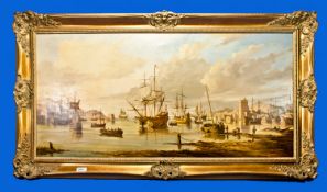 John L Chapman 1946 - Title a Panormamic View, 19th Century of an English Harbour Scene. Oil on