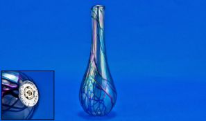 John Ditchfield Quality Iridescent Glass Bud Vase decorated with applied and multi coloured design.