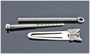 Silver Bookmark With Butterfly Finial, Together With A Silver Cigar Piercer.
