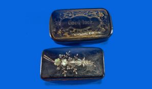 Two Paper Mache Black Lacquered Snuff Boxes, Both With Hinged Lids, One With `Good Luck` And Gilt