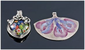 Silver Art Nouveau Style Pendant, Of Fan Shape Form With Pale Enamelled Floral Decoration,