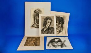 Collection of 5 Original Drawings, by Jean Georges Simon (1894 - 1968), all signed in album