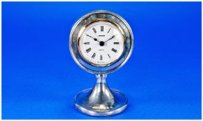 Art Deco Silver Cased Circular Shaped Desk Clock Stand. Hallmarked Sheffield 1939. 5.5 inches high.