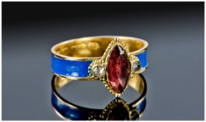 Victorian 15ct Gold Ring, Set With A Central Red Marquise Cut Stone Between Two White Faceted