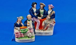Two Various Staffordshire Figure Groups, one, titled in gilt, `Auld Lang Syne`, showing three