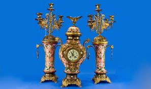 Japy Freres French Late 19th Century Gilt Brass & Ceramic Clock Garniture Set with stylized five