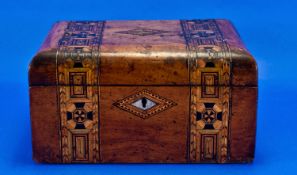 Victorian Parquetry Inlaid Box, with mother-of-pearl escutcheon to front, lidded top.