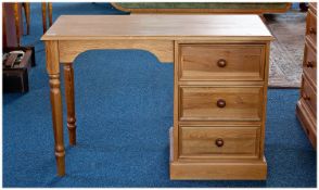 Pitch Pine Desk, with three drawers, kneehole side with turned supports, 27 inches high, 40 wide