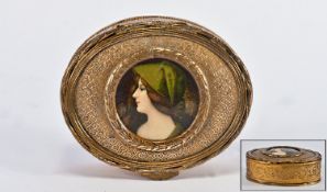 Very Fine Early 20th Century Miniature Enamel On Metal, portrait of a young woman, set in the lid