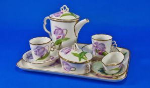Royal Copenhagen Porcelain Teaset on Tray, lavender floral motives on white ground. Comprises
