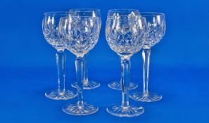 Waterford Crystal Fine Set Of Six Hock Drinking Glasses, `Lismore` design. Each 7.5`` tall. Good