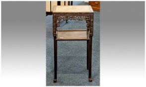 Chinese Padouk Occasional Table, of two-tier form, the top with marble to centre, carved and