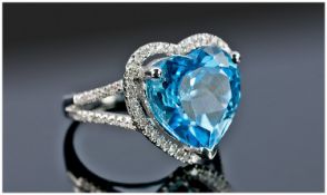 14ct White Gold Diamond & Topaz Ring, Central Heart Shaped Blue Topaz (Approx 6.75cts) Surrounded