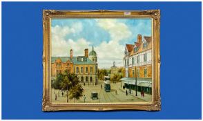 Steven Scholes 1952-, Lytham, Town Square  1950`s. Oil on Canvas. Signed. 19.5 by 23.5 inches
