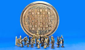 Egyptian Chess Set, Circular Charger In Brass Copper And White Metal, Diameter 19½ Inches. Central