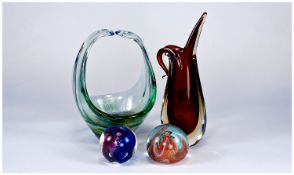 Murano Style Coloured Glass Vase, Together With Two Paperweights And A Glass Stylised Bowl. Tallest