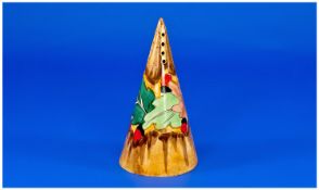 Clarice Cliff Hand Painted Conical Shaped Sugar Sifter. c.1930`s. ``Leaves`` design. 5.75 inches