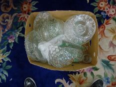 Box of Assorted Glassware, including bowls, serving dishes, cake stand and entree dishes.